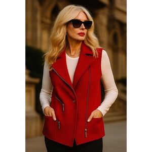 Womens Moto Vest Large Red Wool Blend Sleeveless Biker Jacket Collared Holiday